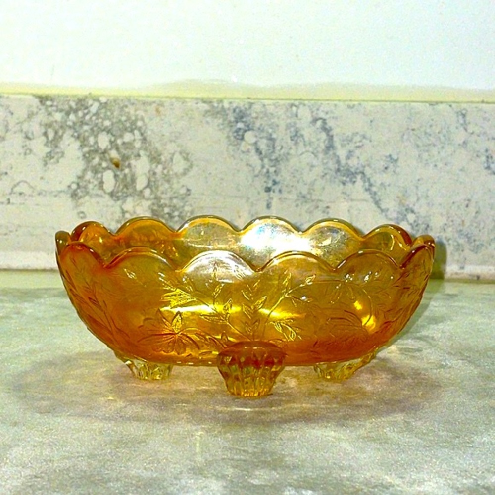 Carnival Glass Iridescent Small Candy Dish Vintage Jeanette Amber Floral Pattern